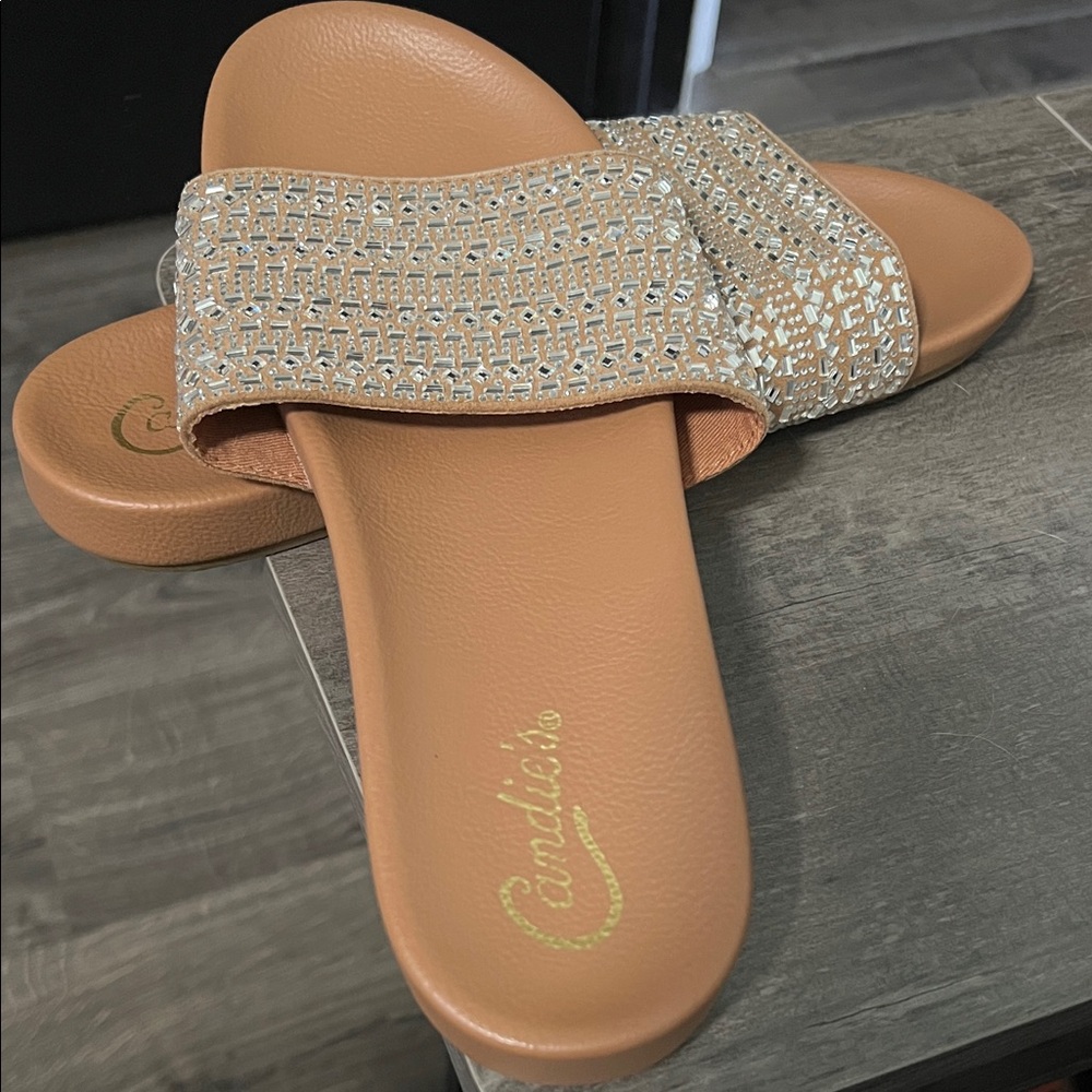 Candie's Gold and Tan Slide Sandals